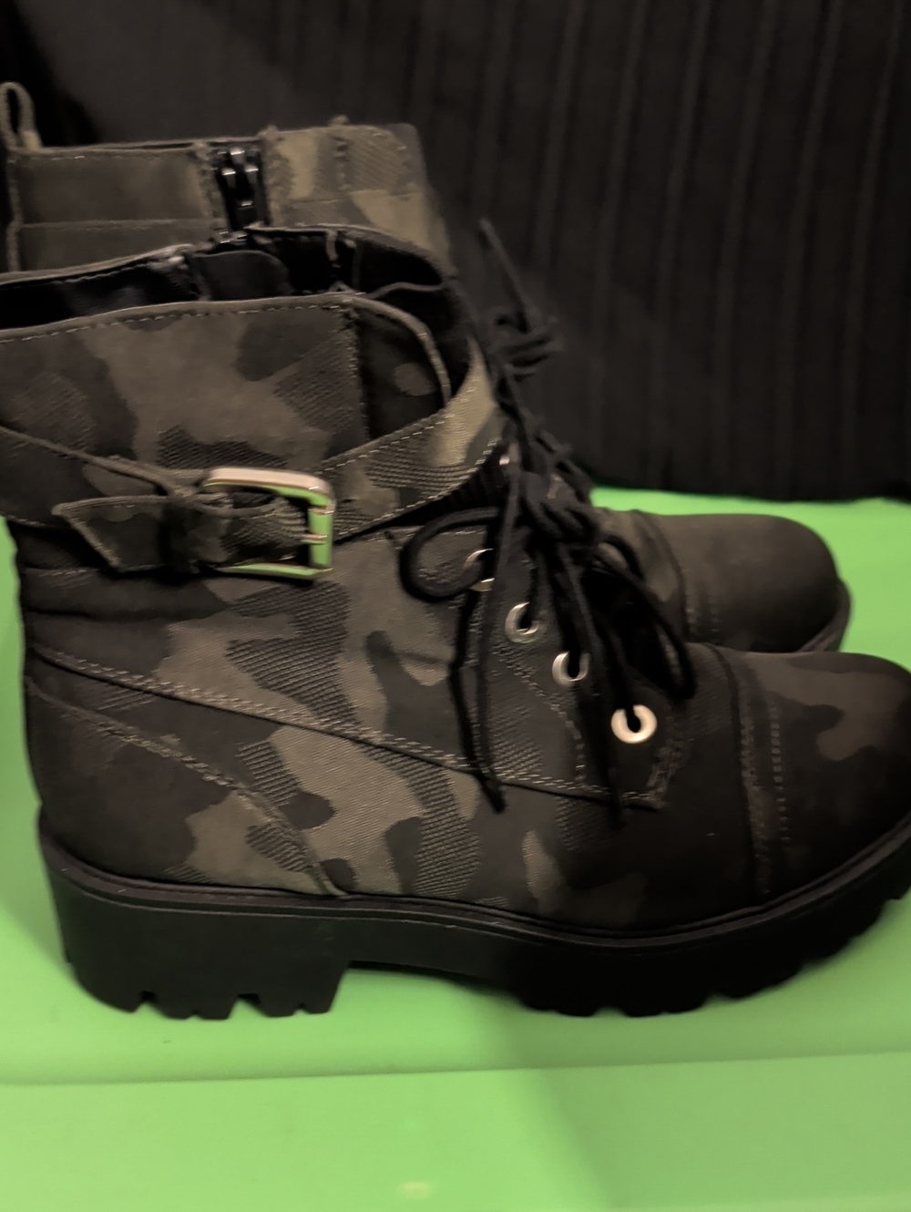 Soda Women's Camo Lace-Up Combat Boots in Black and Green
